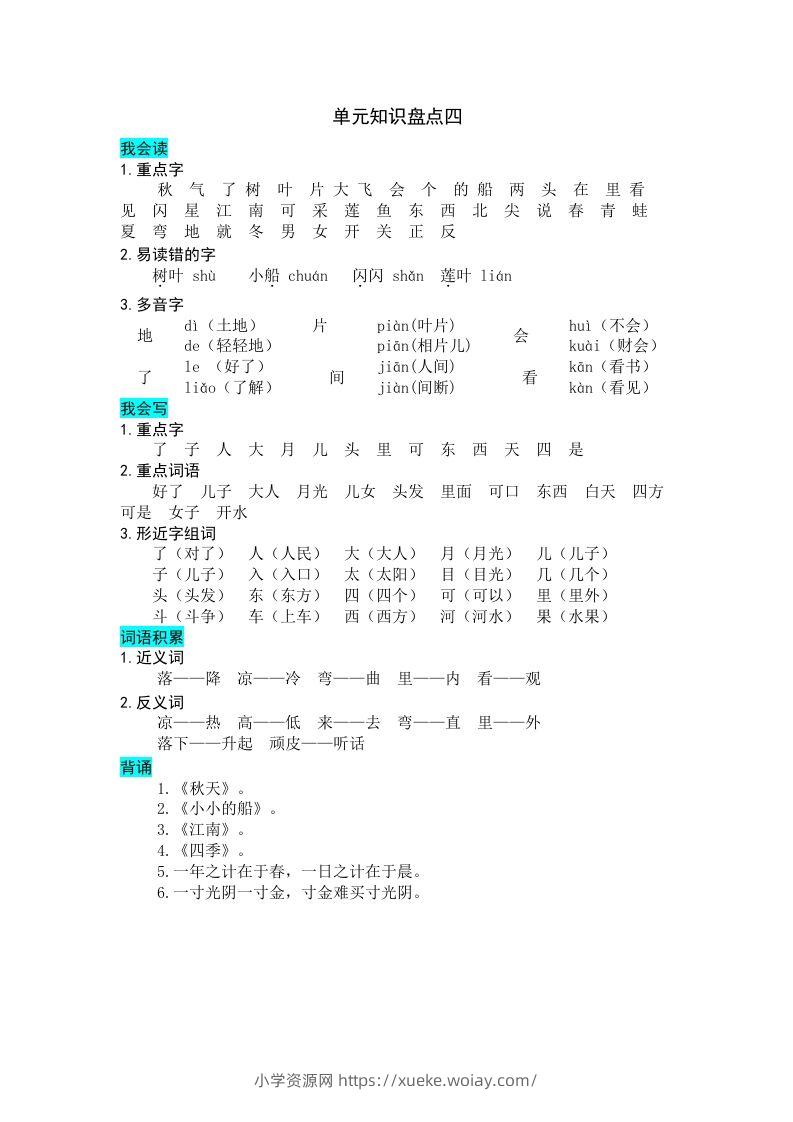 一年级语文上册第四单元知识盘点（部编版）-六八学科资料网