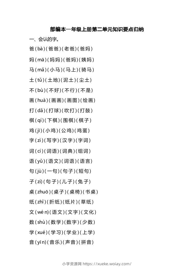 一年级语文上册第二单元识要点归纳（部编版）-六八学科资料网