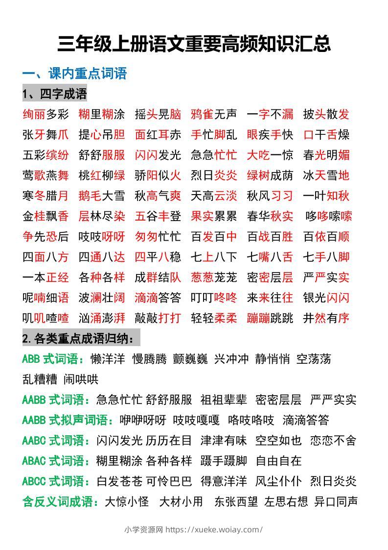 三年级上册语文重要高频知识汇总-六八学科资料网