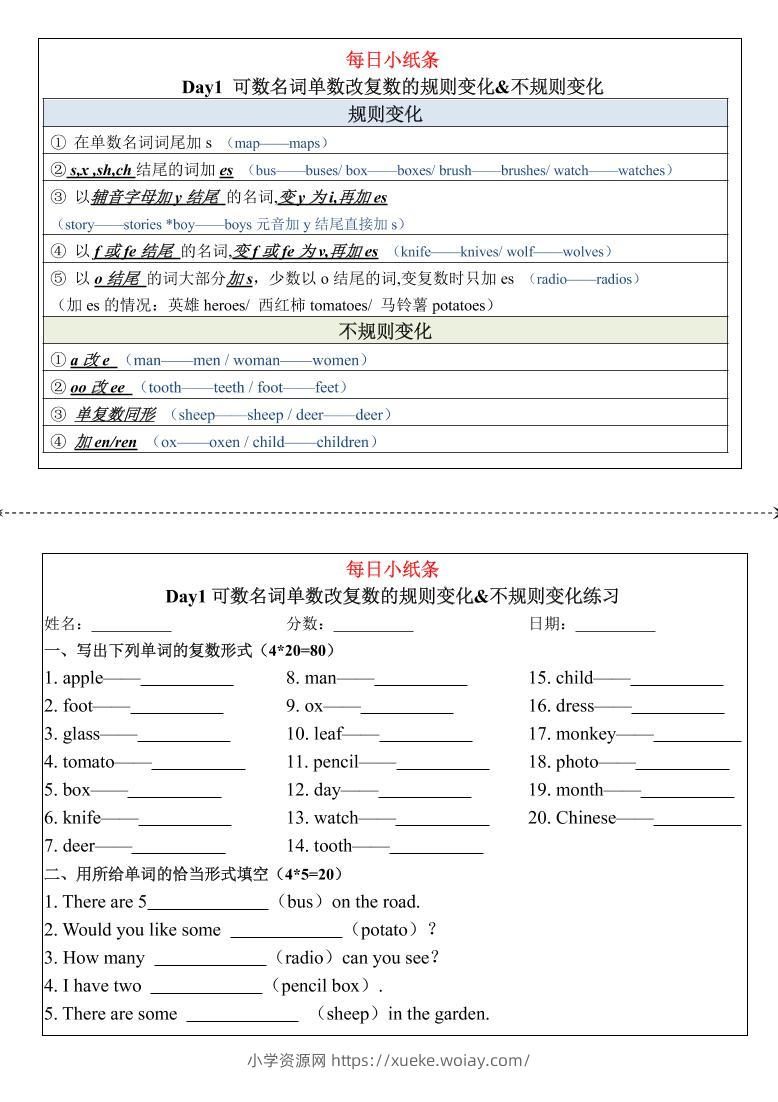 三上人教PEP版英语【语法每日小纸条】-六八学科资料网