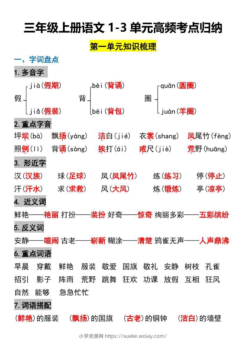 三年级上册语文1-3单元高频考点梳理-六八学科资料网